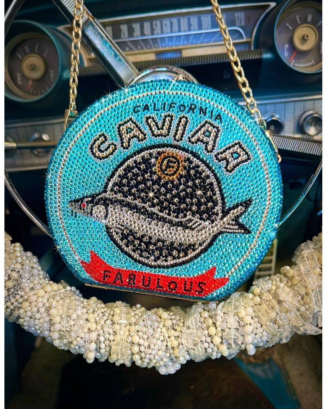 The Luxe Caviar Rhinestone Clutch